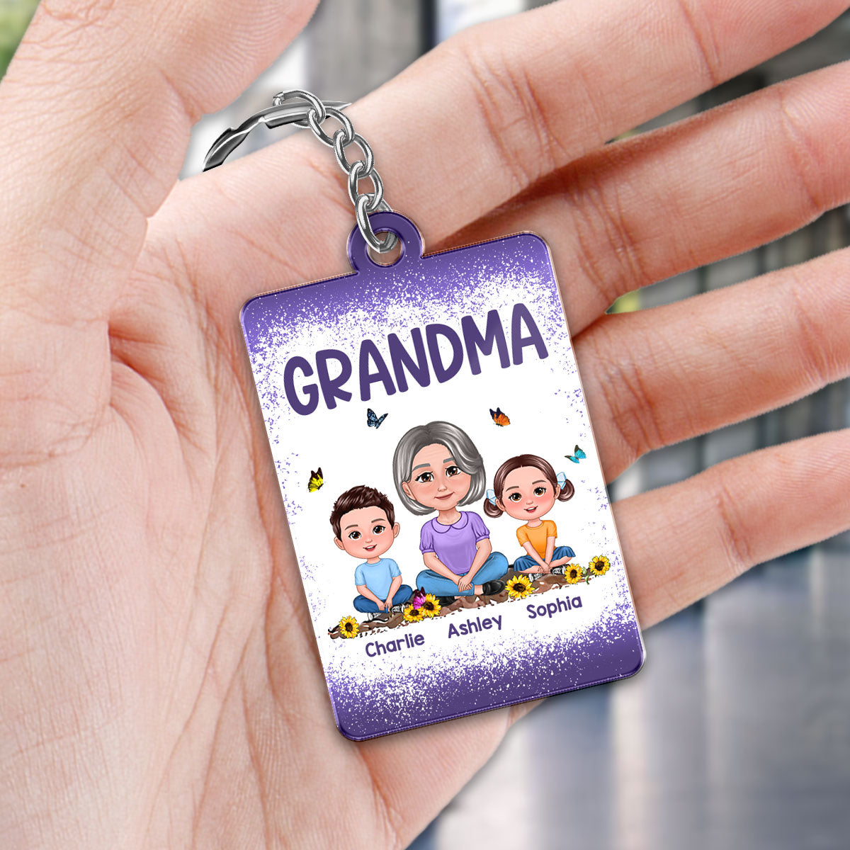 (campaign nang) Purple Grandma Mom Kids Butterflies Personalized Acrylic Keychain (campaign nang)