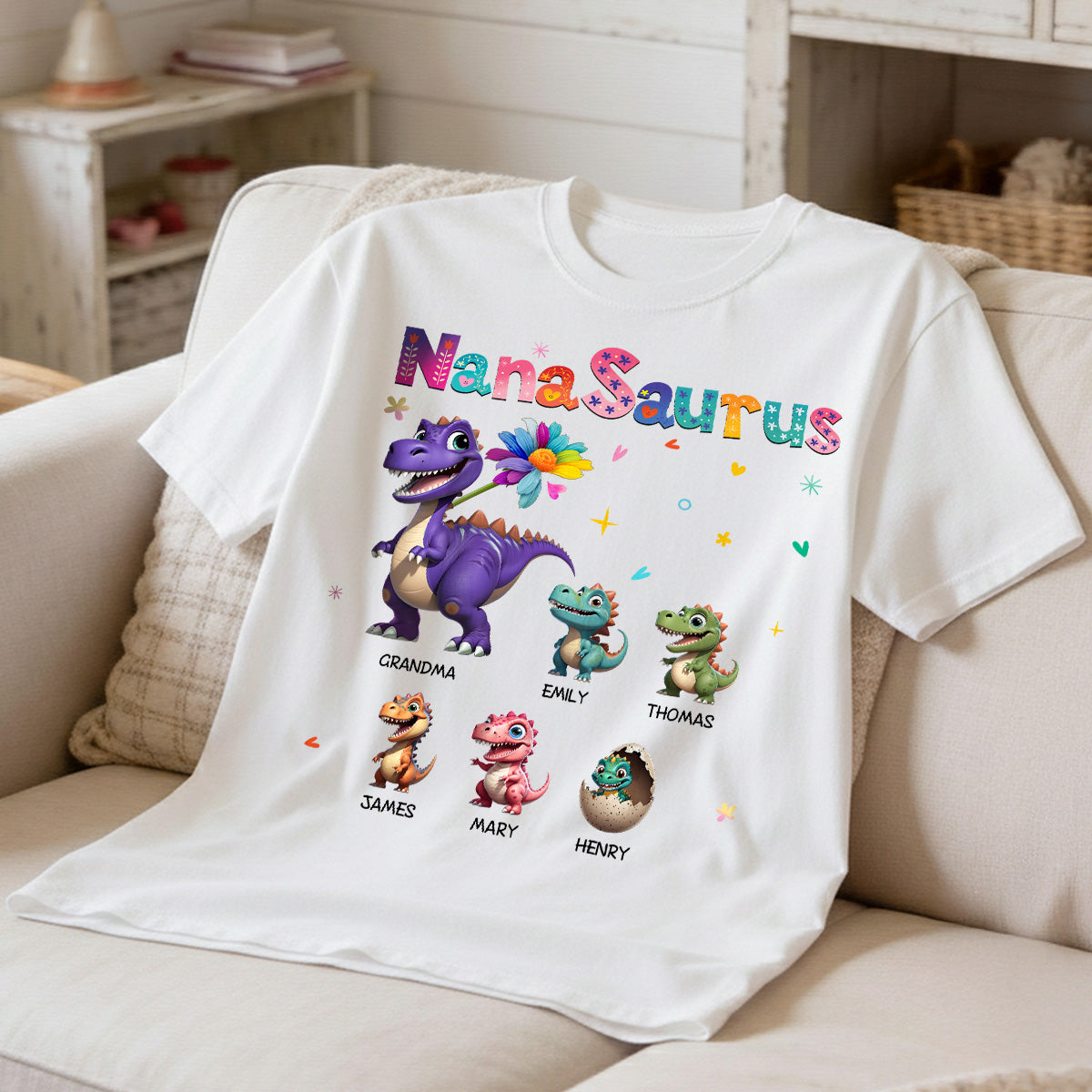 Grandmasaurus And Kids Colorful 3D Effect Dinosaurs - Personalized Shirt - Mother's Day Gift For Grandma