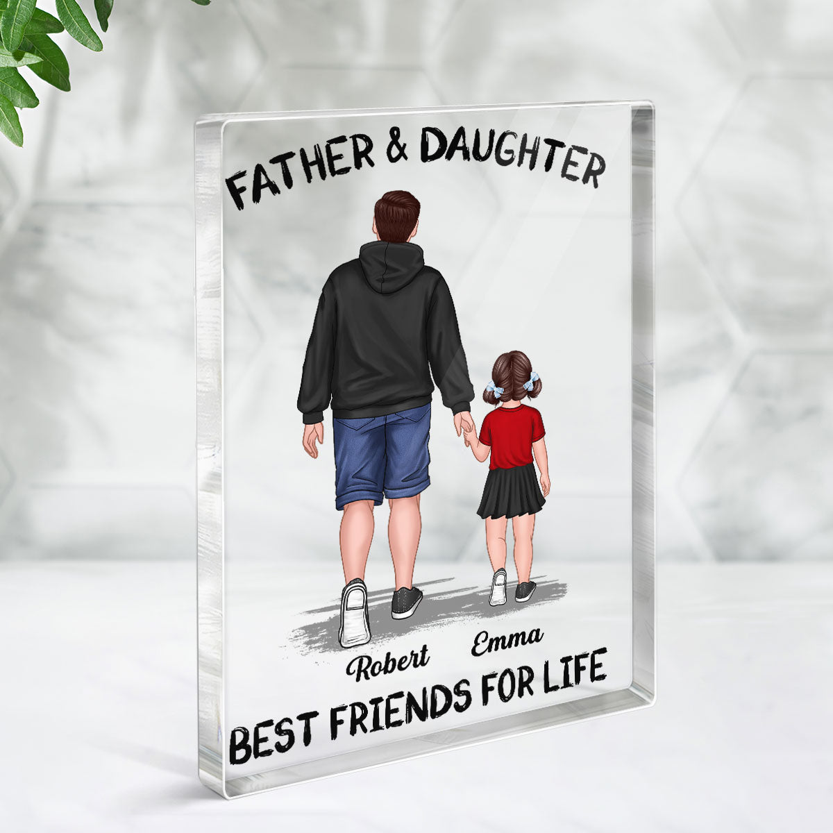 Dad And Kids Daughter Son Walking Best Friends Forever Personalized Vertical Rectangle Acrylic Block Plaque