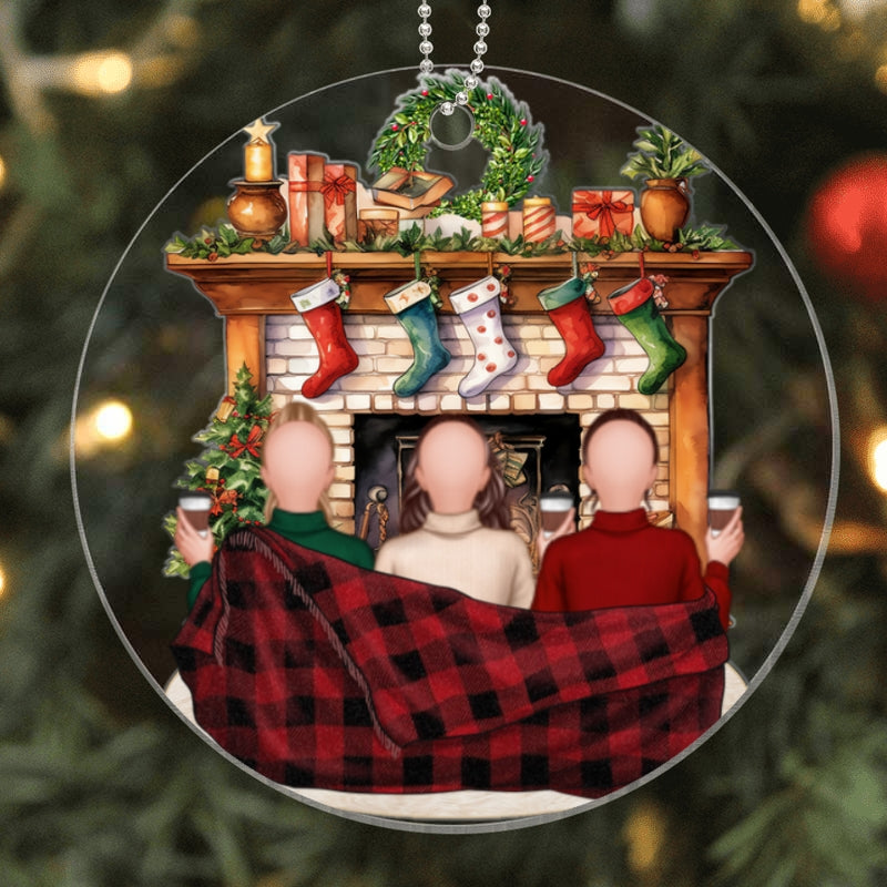 Besties Sisters Sitting Front Fireplace Personalized Acrylic Ornament