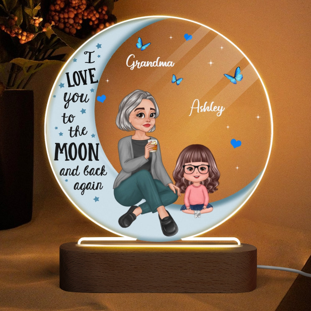 Pretty Cartoon Grandma & Grandkid On Blue Moon Gift For Grandson Granddaughter Personalized Circle Plaque With LED Night Light