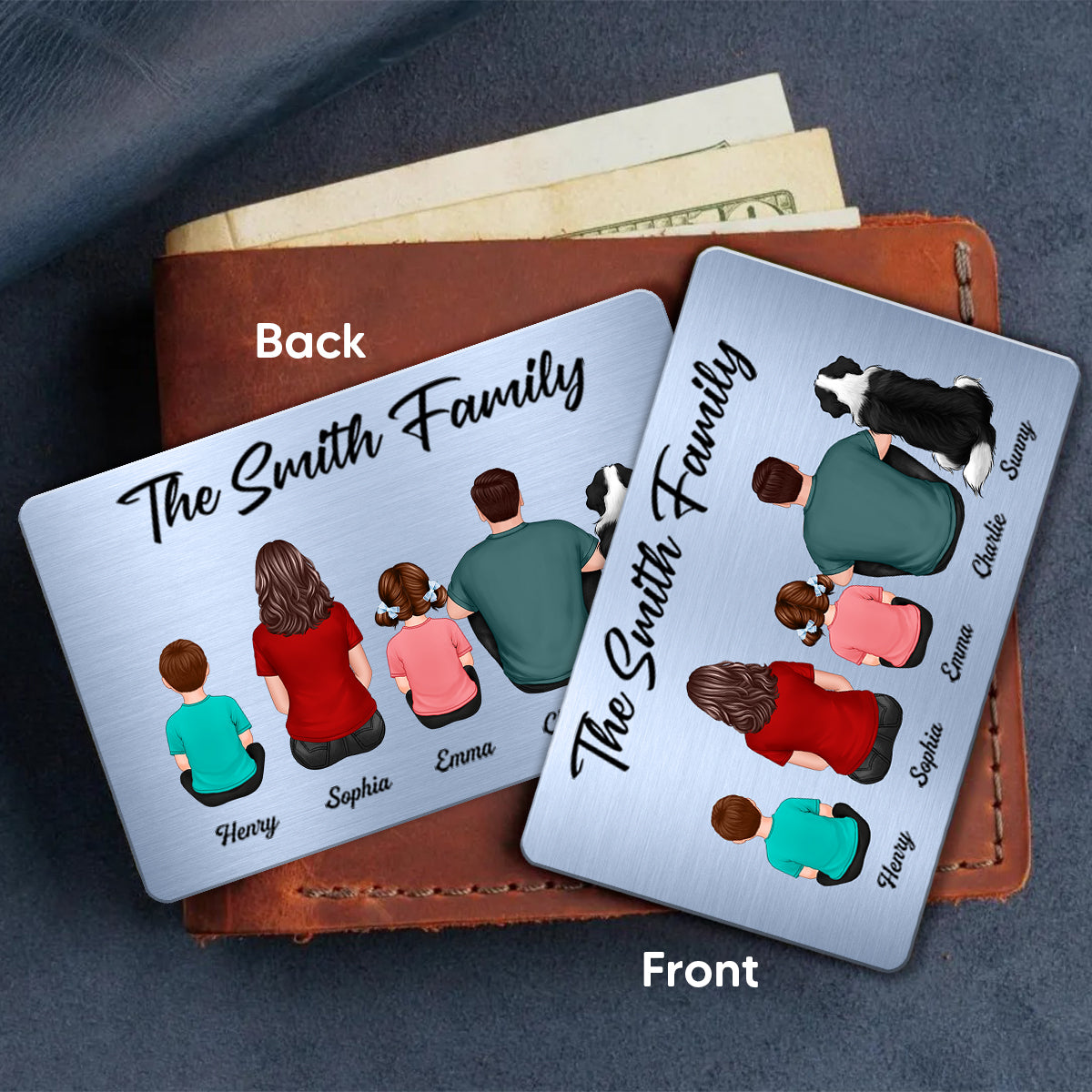 (campaign nang) Family Sitting Back View Couple Kid Dog Cat Personalized Wallet Insert Metal Wallet Card (campaign nang)