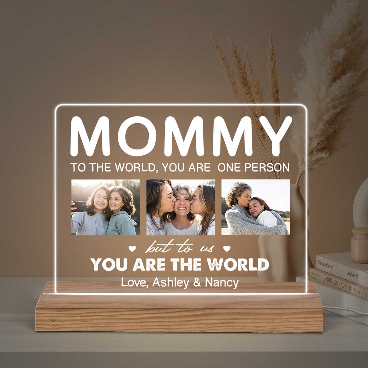 Mom You Are The World Multiple Photo Personalized Horizontal Rectangle Acrylic Plaque With LED Night Light