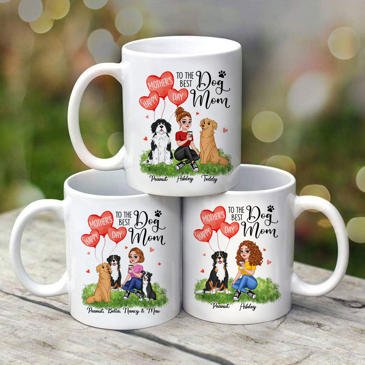Happy Mother‘s Day Dog Mom Pretty Cartoon Woman Sitting Dogs Hearts Personalized Mug
