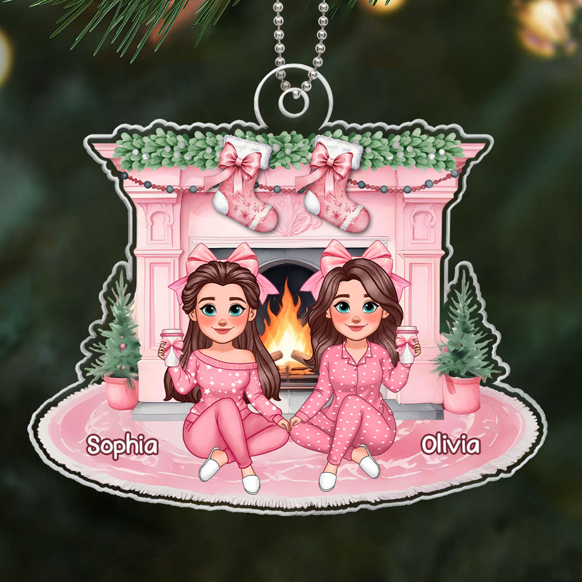 Christmas Coquette Besties Stocking On Pink Fireplace Personalized Acrylic Ornament