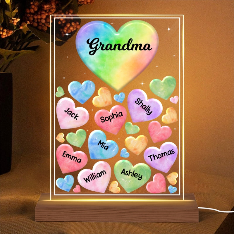 Grandma Mom Hearts Colorful Watercolor Personalized Acrylic LED Night Light