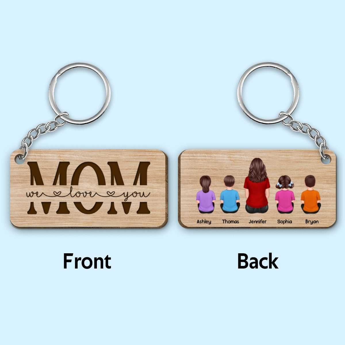 Best Mom Ever Back View Woman Kids Dog Cat Personalized Wooden Keychain