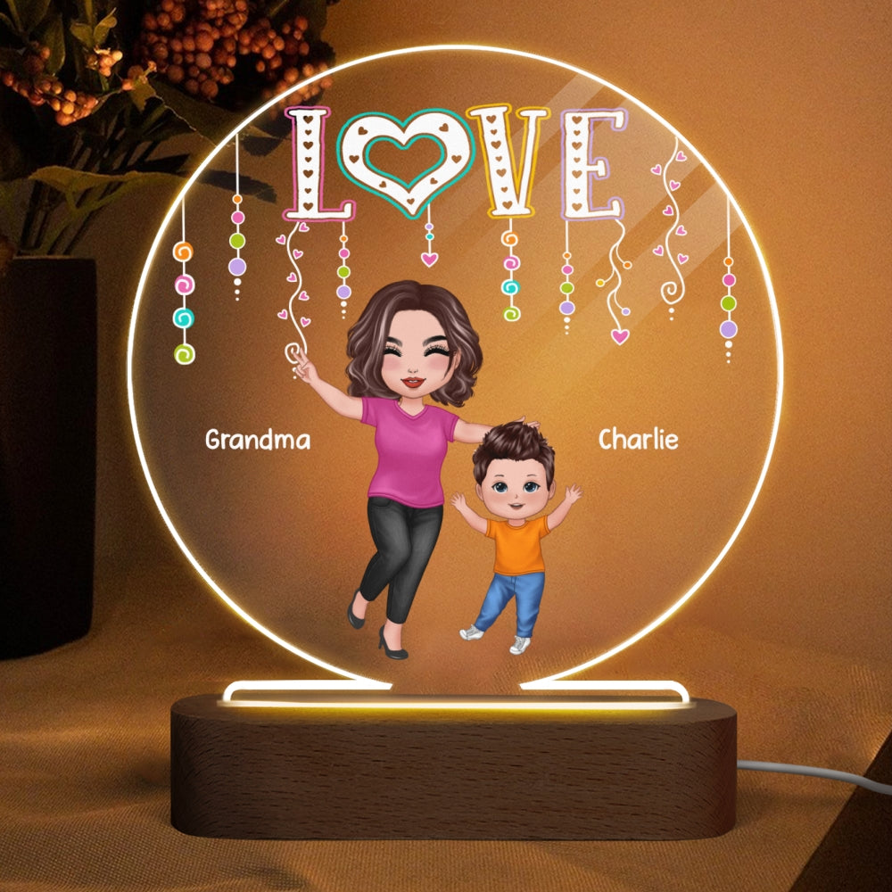 LOVE Happy Doll Grandma Mom With Kids Personalized Circle Acrylic Plaque LED Night Light