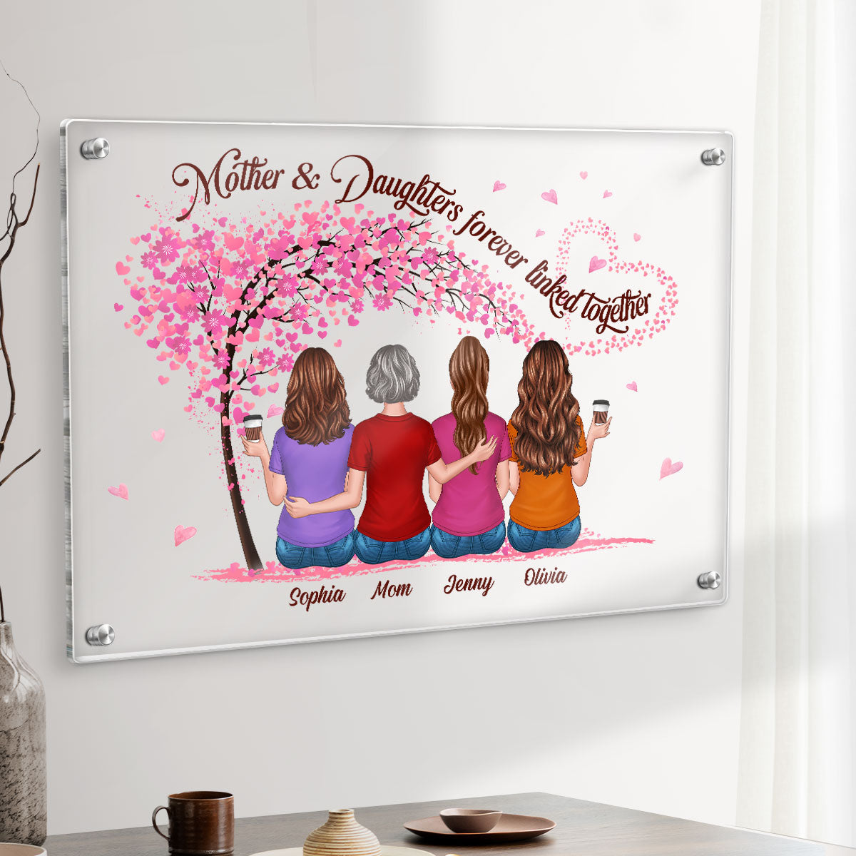 Back View Mother And Daughters Under Pink Tree Personalized Acrylic Board Wall Art