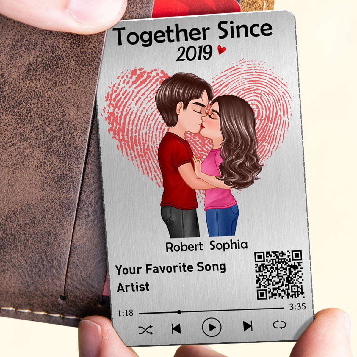 Fingerprint Heart Couple Kissing Favorite Song QR Code Personalized Metal Wallet Card