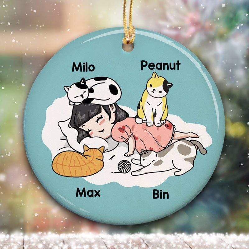 Circle Ornament A Girl And Her Cats On Bed Personalized Circle Ornament