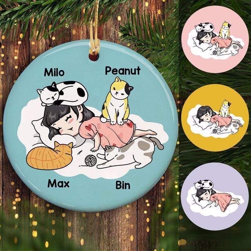 Circle Ornament A Girl And Her Cats On Bed Personalized Circle Ornament Pack 1