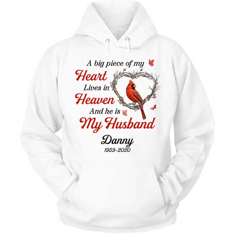 Hoodie A Big Piece Of My Heart Cardinal Memorial Personalized Hoodie Pullover Hoodie / S / White