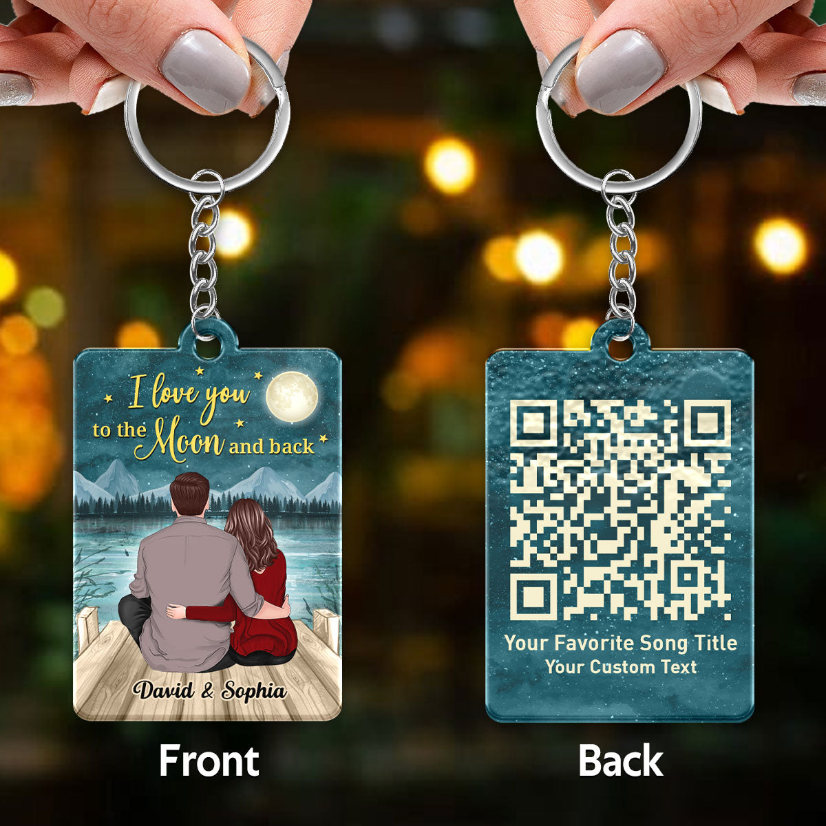 Back View Couple Sitting On The Bridge I Love You To The Moon And Back Favorite Song Scannable QR Code Personalized Acrylic Keychain