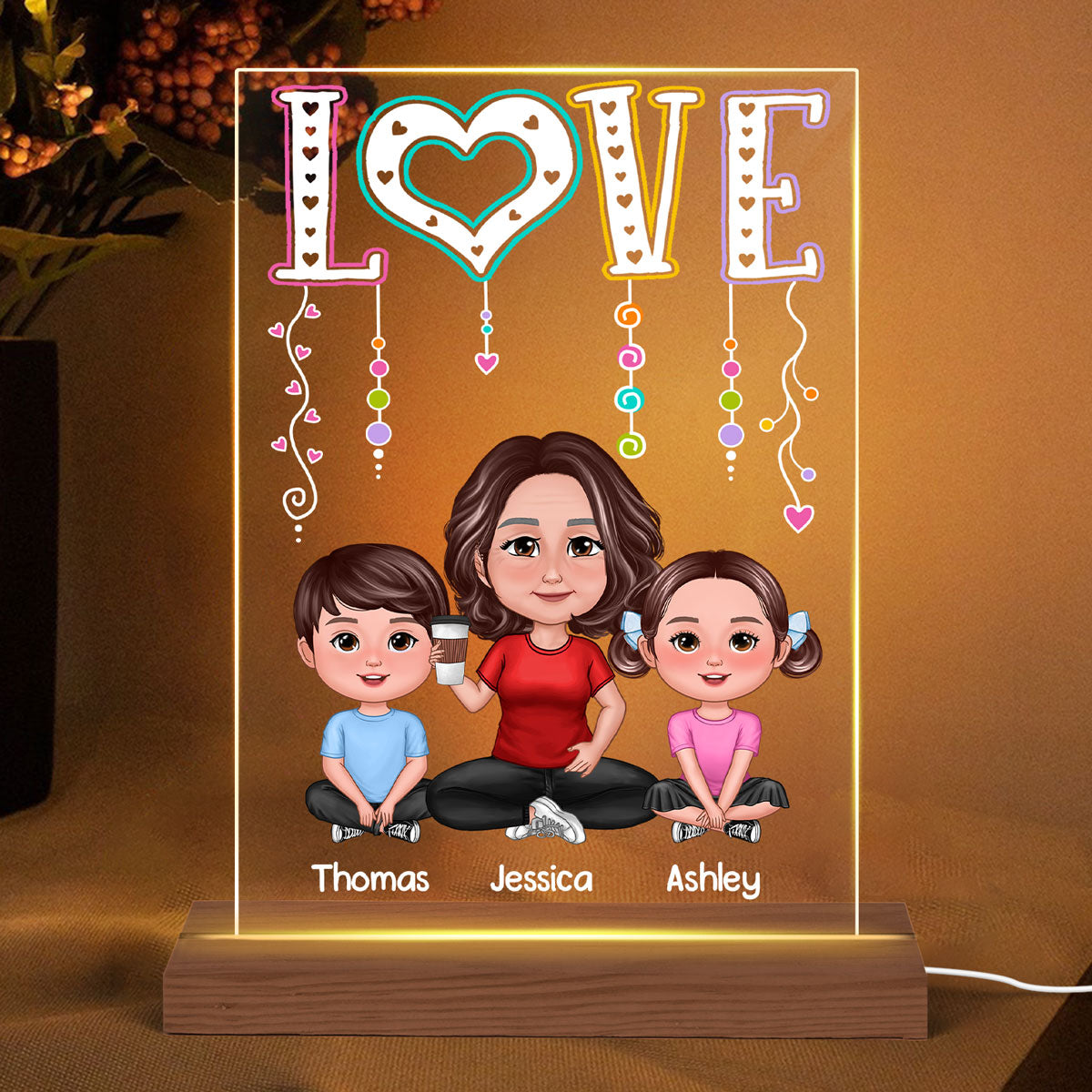 LOVE Pretty Doll Grandma Mom With Kids Personalized Rectangle Acrylic Plaque LED Night Light