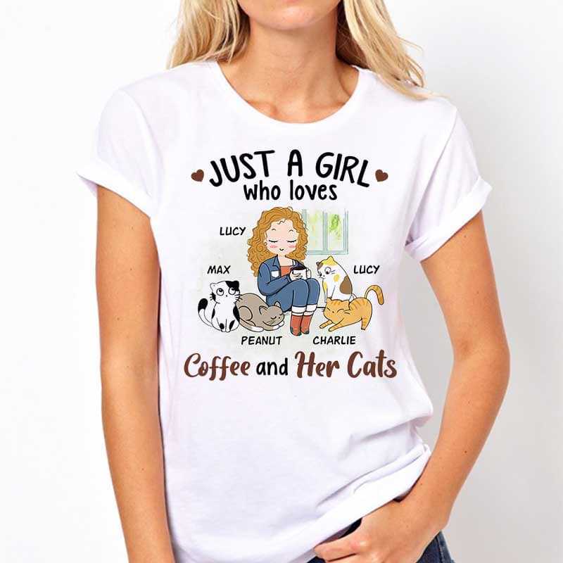 T-shirts A Chibi Girl Loves Coffee Cat Personalized Shirt