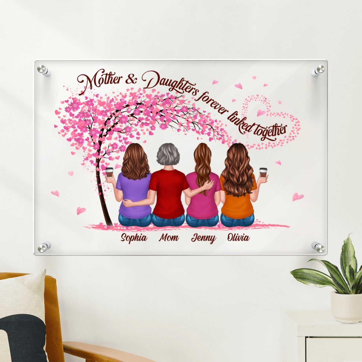 Back View Mother And Daughters Under Pink Tree Personalized Acrylic Board Wall Art