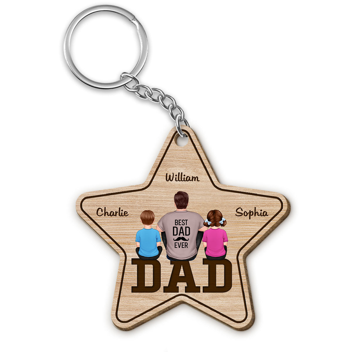 Dad Back View Man Kids Dog Cat Sitting On Text Personalized Star Wooden Keychain
